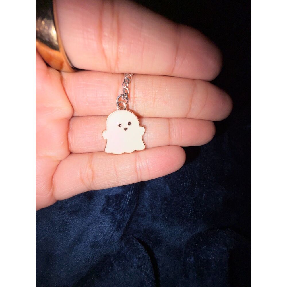 New Cute White Ghost Pendant Necklace Silver Tone Halloween